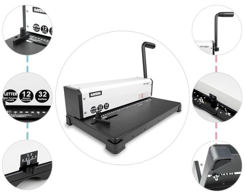 RAYSON PT1202 Coil Binding Machine, 3:1 Pitch, 32 Hole Punch for Spiral & Click Binding Spines, Metal Spiral Binder Hole Punch, Punches 12 Sheets at a Time - Image 4